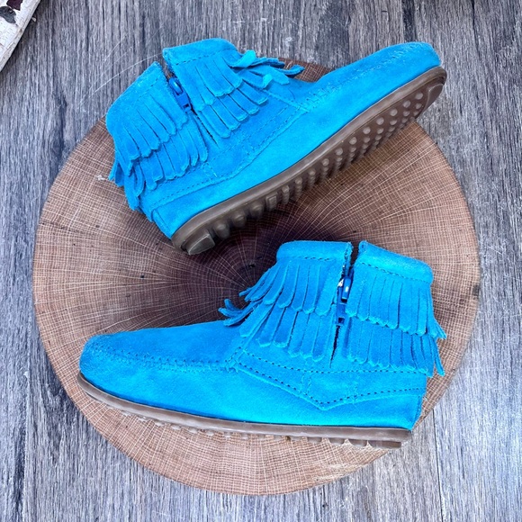 *Minnetonka | 244062 Kids' Double Fringe Side Zip Blue Boots Size 13 Toddler - Picture 7 of 16